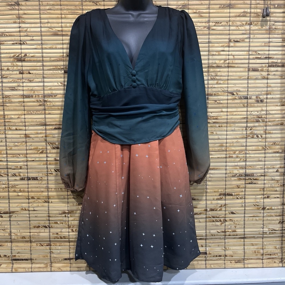 Wayward Fancies Eshakti Ombre Star Print Ruched Mini Dress S Celestial Whimsical